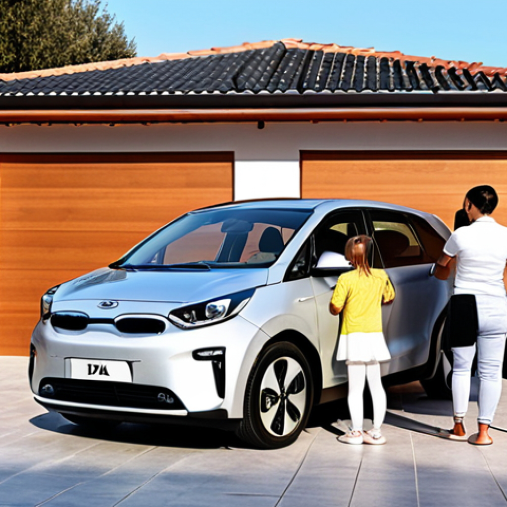 **Prompt:** A serene and comfortable scene of a modern Spanish family (parents and two children) during their morning routine. Their sleek Kia EV9 is effortlessly plugged into a smart wallbox in a well-lit home garage or driveway in Spain. The atmosphere conveys a sense of ease, economic benefit from night tariffs, and the comfort of overnight home charging, dispelling any initial anxieties. Sunlight gently streams in, highlighting the car's contemporary design and the seamless integration of EV charging into daily life.