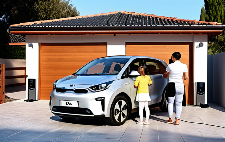 **Prompt:** A serene and comfortable scene of a modern Spanish family (parents and two children) during their morning routine. Their sleek Kia EV9 is effortlessly plugged into a smart wallbox in a well-lit home garage or driveway in Spain. The atmosphere conveys a sense of ease, economic benefit from night tariffs, and the comfort of overnight home charging, dispelling any initial anxieties. Sunlight gently streams in, highlighting the car's contemporary design and the seamless integration of EV charging into daily life.