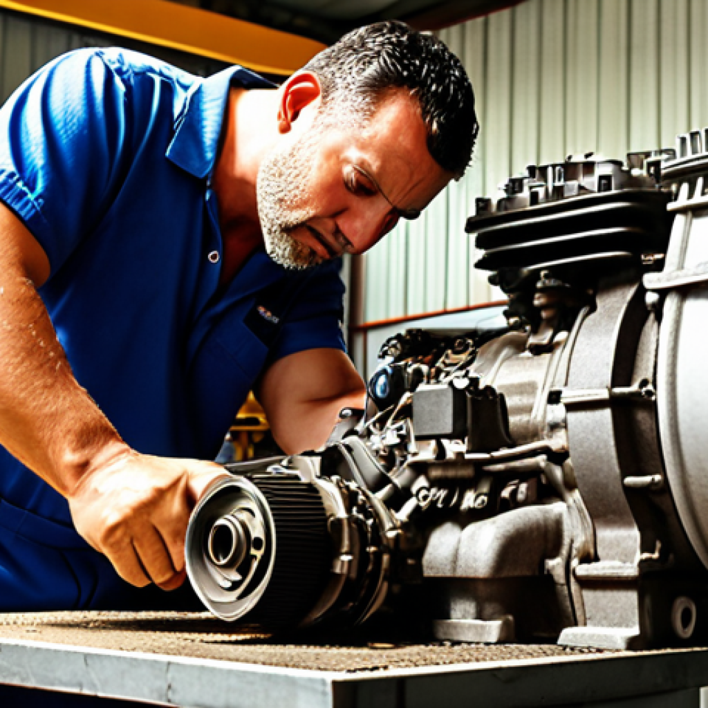 **Image Prompt:** A mechanic inspecting the engine of a used Kia in a sunny Seville workshop. Focus on the engine block and the mechanic's concerned expression. In the background, a calendar showing the month of August. The scene represents the importance of powertrain warranty coverage during hot weather.