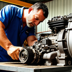**Image Prompt:** A mechanic inspecting the engine of a used Kia in a sunny Seville workshop. Focus on the engine block and the mechanic's concerned expression. In the background, a calendar showing the month of August. The scene represents the importance of powertrain warranty coverage during hot weather.