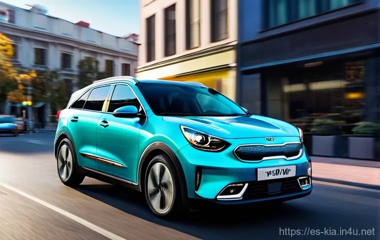 기아 니로 EV 장단점 - **Prompt: Serene Urban Evening Drive in Kia Niro EV**
    A stylish female driver, mid-30s, with a r...