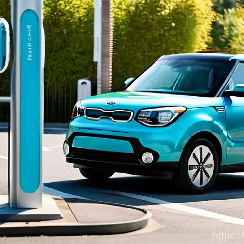 기아 쏘울 EV 충전소 추천 - **Prompt:** "A vibrant Kia Soul EV is centrally parked at a modern, multi-standard public charging h...
