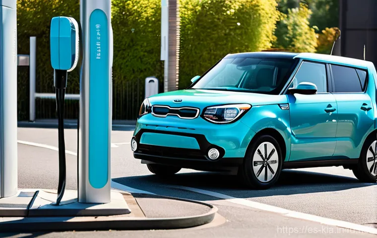 기아 쏘울 EV 충전소 추천 - **Prompt:** "A vibrant Kia Soul EV is centrally parked at a modern, multi-standard public charging h...