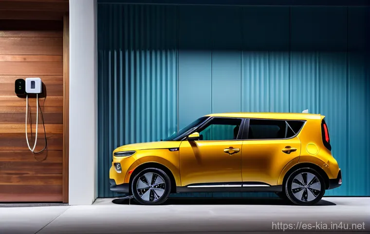 기아 쏘울 EV 충전소 추천 - **Prompt:** "A vibrant Kia Soul EV is centrally parked at a modern, multi-standard public charging h...