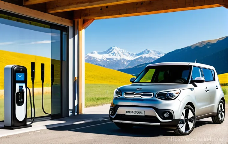 기아 쏘울 EV 충전소 추천 - **Prompt:** "A sleek Kia Soul EV is comfortably parked in a well-organized and contemporary home gar...