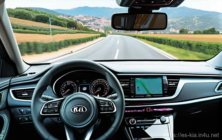 기아 차량 내비게이션 업데이트 방법 - **Prompt 1: Confident Navigation with Updated Maps**
"A wide-angle shot from inside a modern Kia...