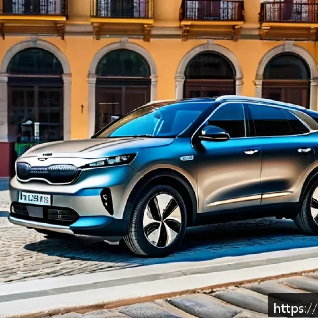 기아 EV9의 배터리 충전시간 - A modern electric SUV, specifically a Kia EV9, parked at a sleek, well-lit public fast charging stat...
