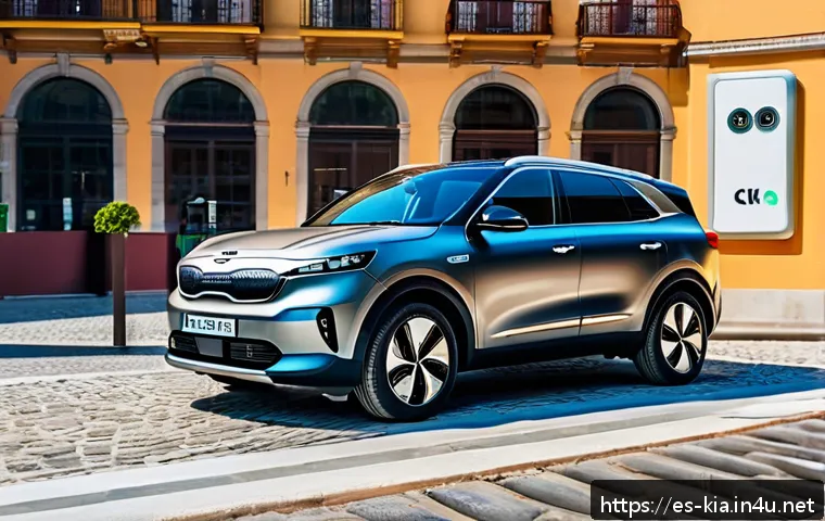 기아 EV9의 배터리 충전시간 - A modern electric SUV, specifically a Kia EV9, parked at a sleek, well-lit public fast charging stat...