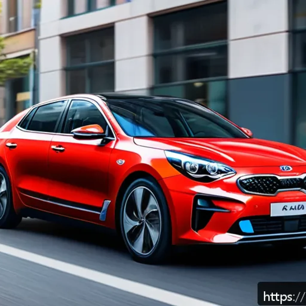 기아 차량 색상 추천 - A vibrant city street scene featuring a youthful Kia car painted in electric blue with a sleek metal...