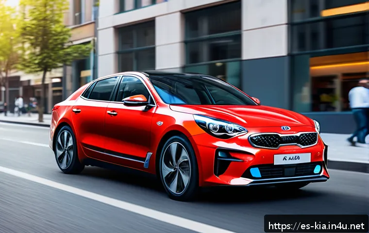기아 차량 색상 추천 - A vibrant city street scene featuring a youthful Kia car painted in electric blue with a sleek metal...