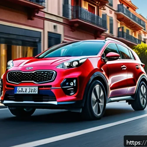Home 33 기아 스포티지의 장기 시승기 - A sleek, modern Kia Sportage SUV parked on a vibrant city street in Spain during golden hour, showca...