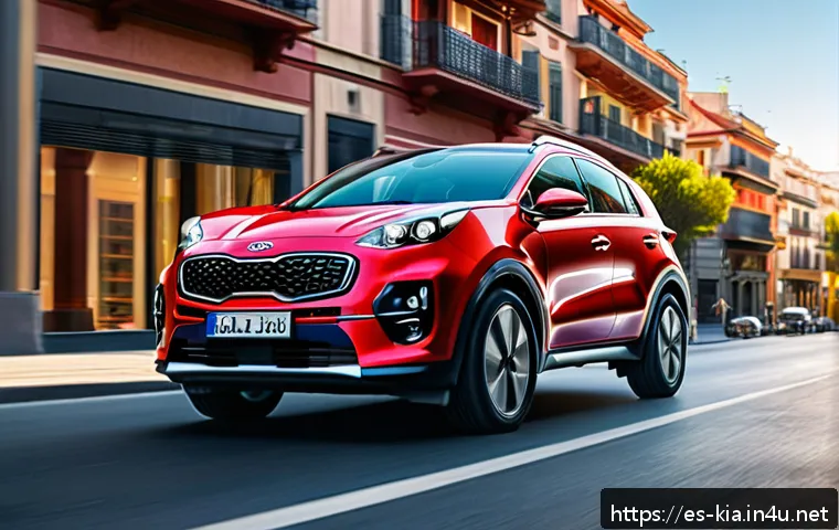 기아 스포티지의 장기 시승기 - A sleek, modern Kia Sportage SUV parked on a vibrant city street in Spain during golden hour, showca...