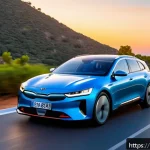 Home 20 기아 전기차 시장 점유율 - A sleek, modern electric Kia EV6 driving on a scenic coastal highway in Spain during sunset, showcas...