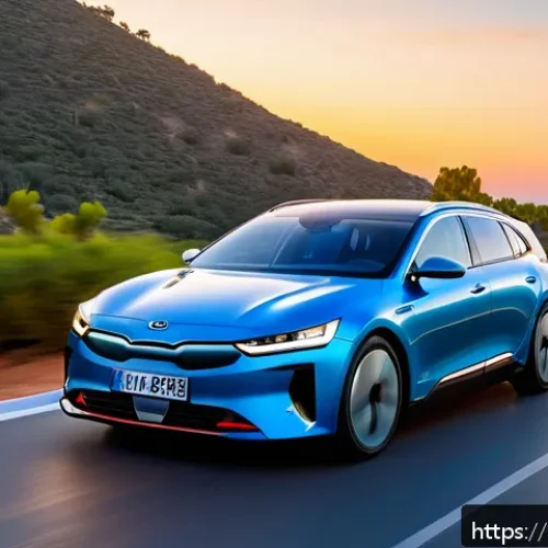 Home 32 기아 전기차 시장 점유율 - A sleek, modern electric Kia EV6 driving on a scenic coastal highway in Spain during sunset, showcas...