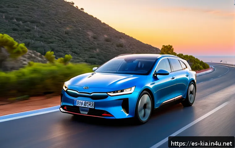 기아 전기차 시장 점유율 - A sleek, modern electric Kia EV6 driving on a scenic coastal highway in Spain during sunset, showcas...