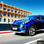Home 19 기아 차종별 유지보수 비용 - A modern Kia Sportage SUV parked on a sunny urban street in Spain, with a focus on high-quality medi...