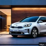 Home 18 기아 전기차 충전 비용 - A modern Spanish home garage at night with a sleek Kia electric car plugged into a domestic wall cha...