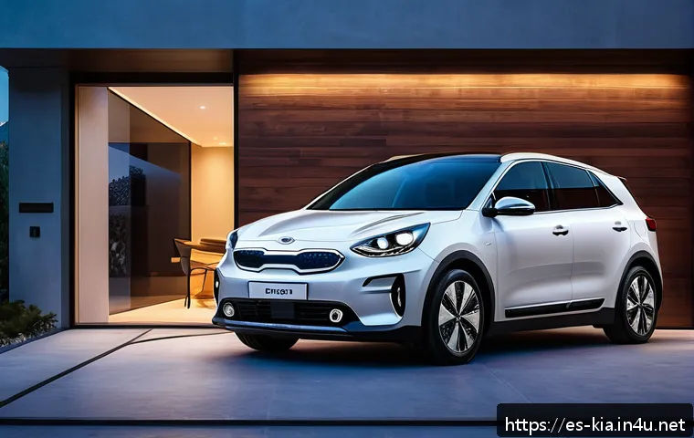 기아 전기차 충전 비용 - A modern Spanish home garage at night with a sleek Kia electric car plugged into a domestic wall cha...