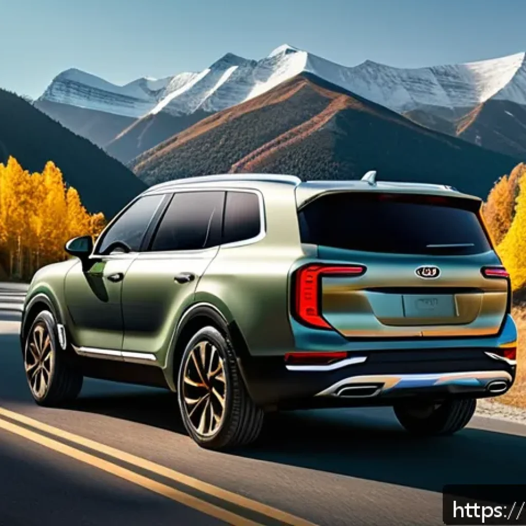 기아 텔루라이드와 스포티지 비교 - A large, robust Kia Telluride SUV parked on a scenic mountain road during golden hour, showcasing it...