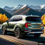 Home 23 기아 텔루라이드와 스포티지 비교 - A large, robust Kia Telluride SUV parked on a scenic mountain road during golden hour, showcasing it...