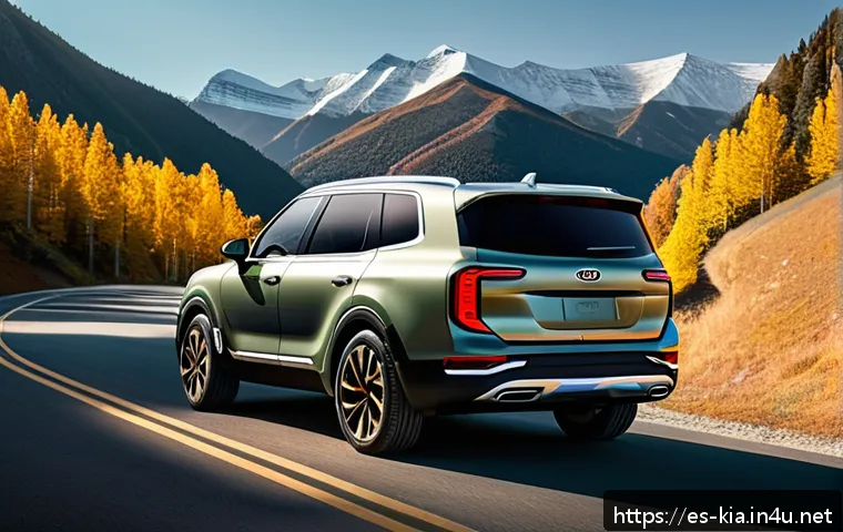 기아 텔루라이드와 스포티지 비교 - A large, robust Kia Telluride SUV parked on a scenic mountain road during golden hour, showcasing it...