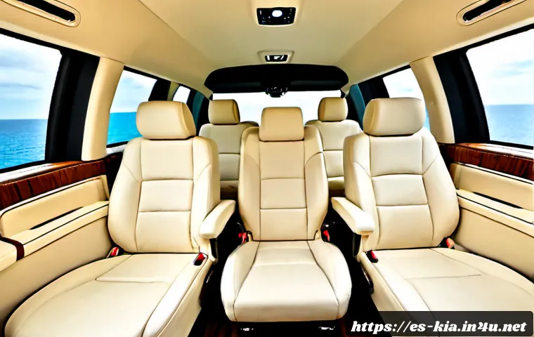 기아 카니발 리무진 내부 옵션 - Photorealistic luxury family minivan interior, spacious second-row captain’s chairs upholstered in w...