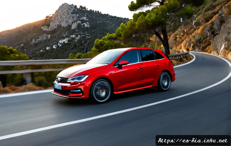 기아 K3 GT 스포츠 성능 - Photorealistic modern compact sporty sedan in metallic deep red, aggressive front styling, low stanc...